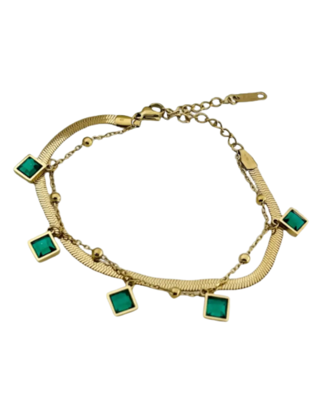 gold-plated bracelet featuring emerald-green charms